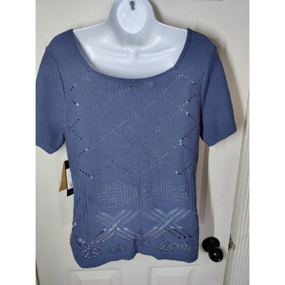 Frye Pointelle Knit Scoop Neck Short Sleeve Pullover Blue Gray Sweater L NWT - Picture 3 of 7